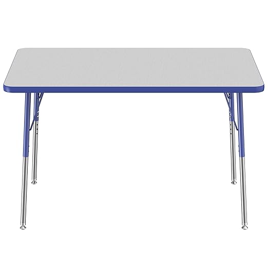 FDP Rectangle Activity School and Office Table (30 x 48 inch), Standard Legs with Swivel Glides, Adjustable Height 19-30 inches - Gray Top and Blue Edge