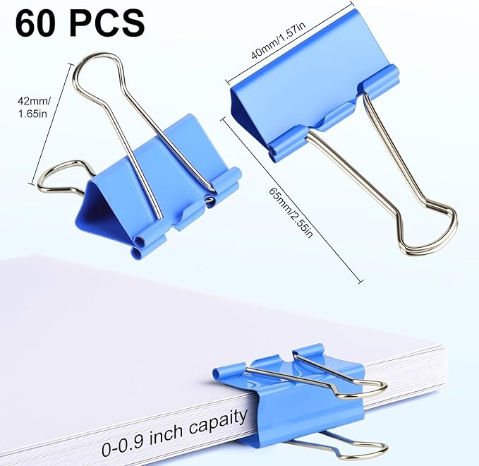 Large Binder Clips 1.6 Inch (60 Pack) Assorted Colors, Colored Binder Clips Paper Clips, Big Paper Clamps, Binder Clips Large Size for Home, School and Office Supplies