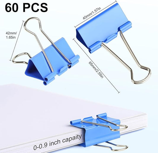 Large Binder Clips 1.6 Inch (60 Pack) Assorted Colors, Colored Binder Clips Paper Clips, Big Paper Clamps, Binder Clips Large Size for Home, School and Office Supplies