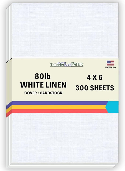 300 White Linen 80# Cover Paper Sheets - 4" X 6" (4X6 Inches) Photo|Card|Frame Size - 80 lb/pound Card Weight - Fine Linen Textured Finish - 96 Bright Cardstock