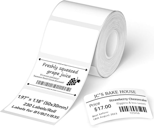 NIIMBOT Label Tape for B1/B21/B3S, 1.97'' x 1.18'' (50x30mm), 230 Labels/Roll, Thermal Label Tape for Marson Jar/Bakery/Grocery/Barcode/Return Address/Small Business, White