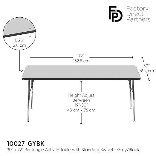 FDP Rectangle Activity School and Office Table (30 x 72 inch), Standard Legs with Swivel Glides, Adjustable Height 19-30 inches - Gray Top and Black Edge