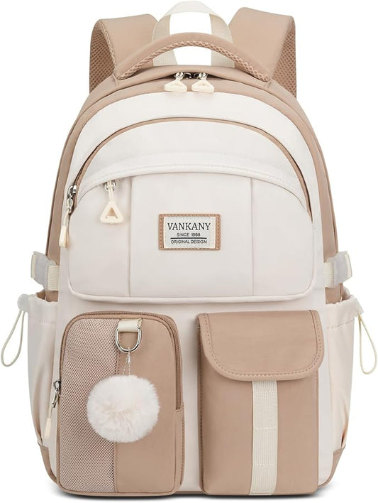 School Backpack for Teen Girls, 15.6in Laptop Bag Cute Bookbag Aesthetic for Middle High School Big Student College Women (Khaki Beige)