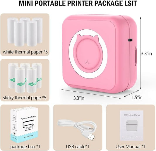 Inkless Mini Thermal Pocket Printer, Wireless Mini Sticker Printer with 10 Rolls Thermal Paper for iOS&Android, Portable Mini Photo Printer for Notes Journal Memo Photo Study, Pink
