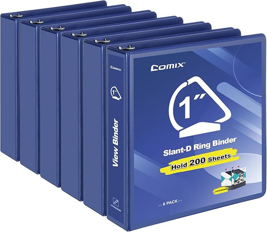 COMIX Sturdy 1 Inch Binders 3 Ring with Clear View Cover, 1" Slant-D Ring View Binder Holds 225 Sheets of US Letter Size Paper, 6 Pack (Blue)