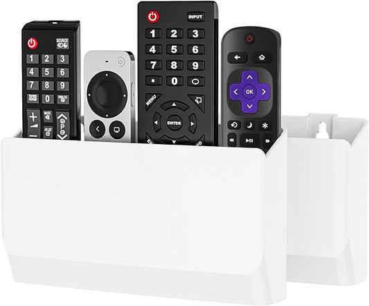 WALI Remote Control Holder Wall Mount 2 Pack, 8 Inch Hole-Free TV Remote Holder Wall Mount No Need to Drill Holes Adhesive Remote Control Wall Holder for 3 or 4 Remote Controls, White (WMH002-W)