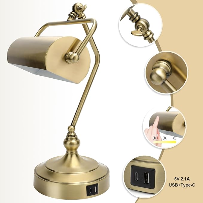 CONCA Classic Antique Touch Adjustable Desk Lamp, Banker Lamp, Piano Lamp, Eye Protection Table Lamp with Output Charging Port (LED Bulb Included in Package) (Bronze)