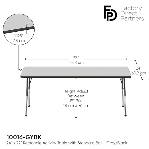 FDP Rectangle Activity School and Office Table (24 x 72 inch), Standard Legs with Ball Glides, Adjustable Height 19-30 inches - Gray Top and Black Edge