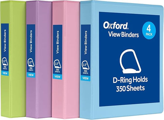 Oxford 3 Ring Binders, Binders for School and Office, 1.5 inch, Slant D Rings, 375 Sheet Capacity, ClearVue Presentation, Non-Stick, PVC-Free, Assorted Pastel Colors, 4-Pack (1002482)