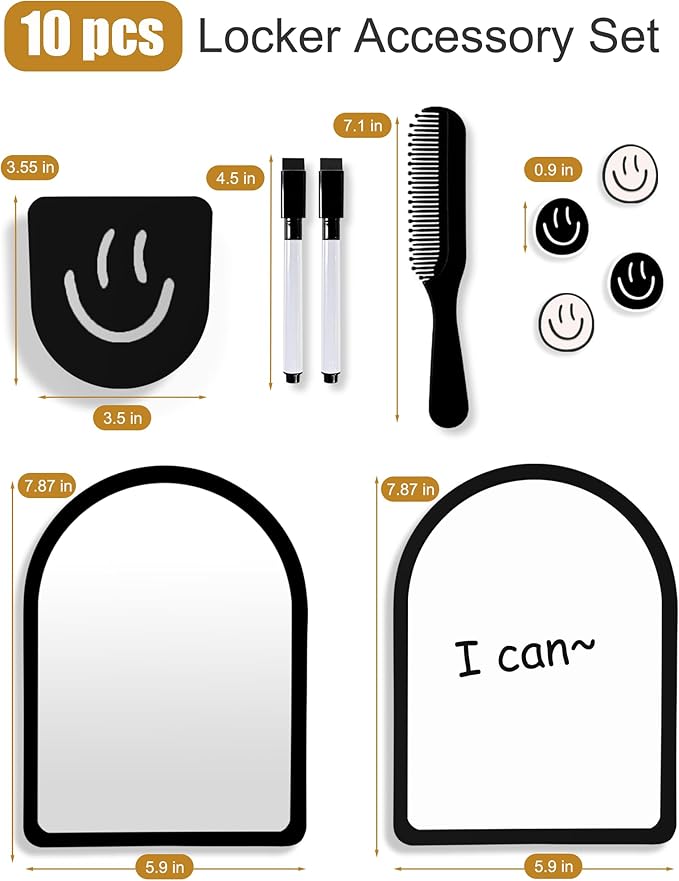 10 pcs - Locker Accessories, Locker Decorations Including Mirrors, whiteboards, Magnets and organizing Supplies. Ideal for Back-to-School Essentials and The Office (10 Pcs - Black)