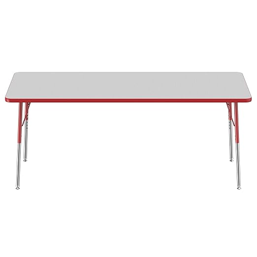 FDP Rectangle Activity School and Office Table (30 x 72 inch), Standard Legs with Swivel Glides, Adjustable Height 19-30 inches - Gray Top and Red Edge