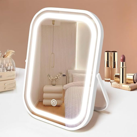 Travel Makeup Mirror with Lights, Portable Small Beauty LED Vanity Mirror with Lights, 1200mAh Battery, Dimmable Touch Screen, Tabletop Folding Compact Mirror,Women Gift