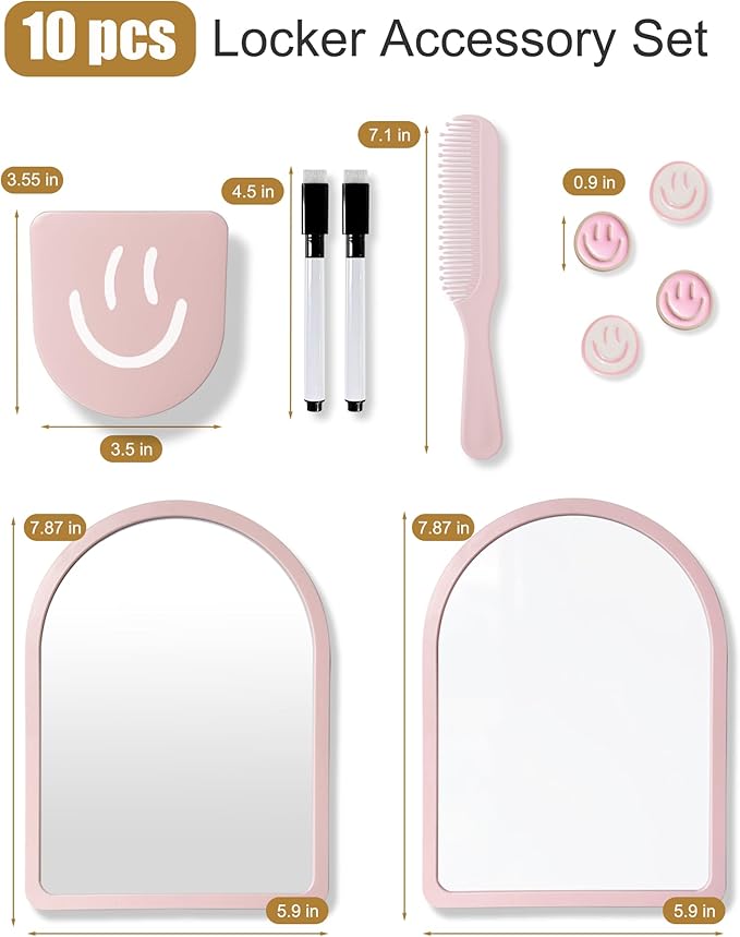 10 pcs - Locker Accessories, Locker Decorations Including Mirrors, whiteboards, Magnets and organizing Supplies. Ideal for Back-to-School Essentials and The Office (10 Pcs - Pink)