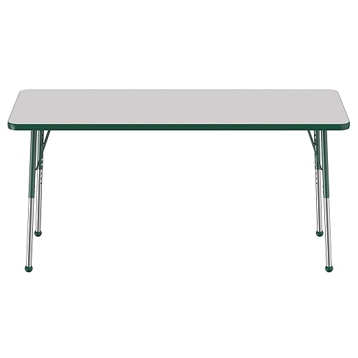 Factory Direct Partners FDP Rectangle Activity School and Office Table (24 x 60 inch), Standard Legs with Ball Glides, Adjustable Height 19-30 inches - Gray Top and Green Edge