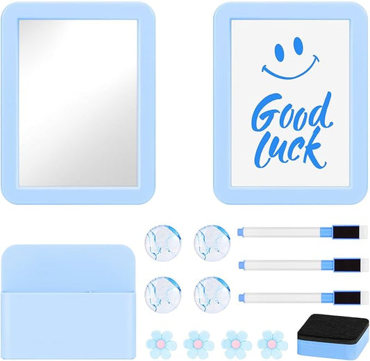MoKo Locker Accessories Set, 15PCS Back to School Supplies Includes Magnetic Mirror, Whiteboard, Markers, Pen Holder, Magnets, Locker Organizer for School Office (Blue)