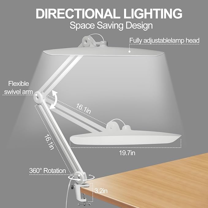 182 LEDs Desk Lamps for Home Office, 20” Overhead Bright Lumens 24W Metal Eye-Caring Nail Desk Light for Reading Work Craft Sewing Task Workbench, White