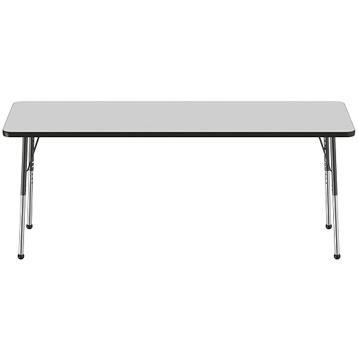 FDP Rectangle Activity School and Office Table (24 x 72 inch), Standard Legs with Ball Glides, Adjustable Height 19-30 inches - Gray Top and Black Edge