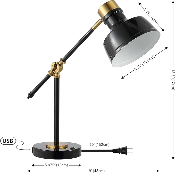 JONATHAN Y JYL7124A Allegra 18.5" Adjustable Cantilever LED Task Lamp, USB Charging Port, Classic, Coastal, Industrial, Farmhouse, Traditional for Bedroom, Living Room, Office, Black/Brass Gold
