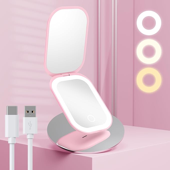 Benbilry Ultra Slim Pocket Mirror with Light, 1X/3X Magnifying LED Compact Travel Mirror with 3-Colored Dimming Lights for Purse, 2-Sided, Handheld, Folding, Portable, Light Pink