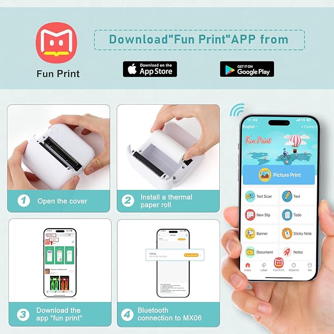 Mini Pocket Bluetooth Printer-Portable Thermal Printer with 10 Roll Papers for Journal/DIY Scrapbook/Travel/Notes/Lists/Label/Memo for Children Women Gifts Kids Christmas