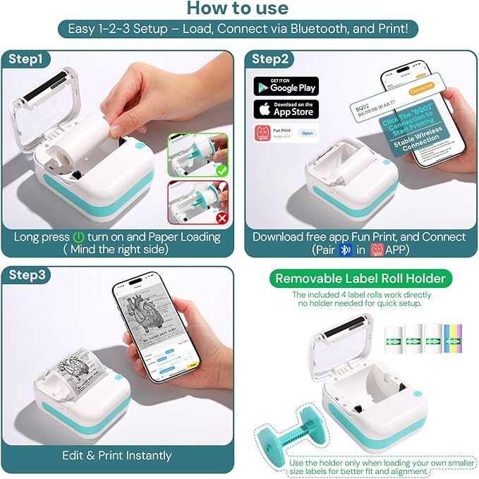 Mini Printer Portable Bluetooth Thermal Label Printer – Wireless Mini Label Maker w/4 Sticker Label Rolls,See-Through Label Window, High-Resolution Print for Home, Office, Travel