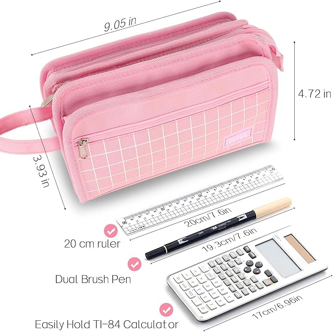 Sooez Large Pencil Case, Big Capacity Pencil Pouch Pen Bag with 3 Compartment, Portable Canvas Stationery Organizer with Zipper, Cute Aesthetic School Supplies for Teen Girls, Sky Blue with Plaid