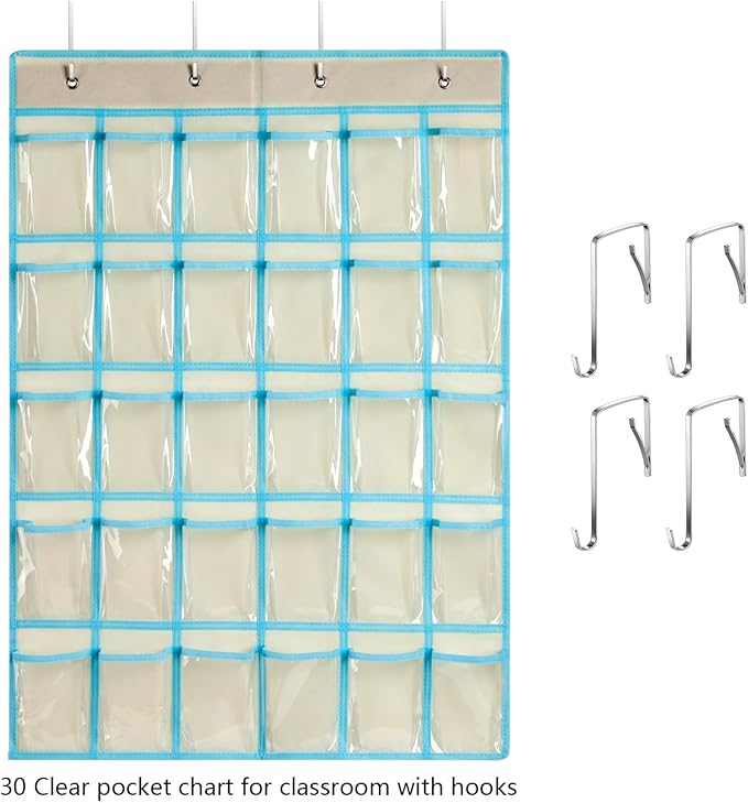 KEEPJOY Classroom Pocket Charts for Cell Phone Calculator Holders, Pocket Organizer for Cell phone Jail with 30 Clear Pockets chart Size 33.5 x 24.5 Inch Classroom Pocket Storage (Beige-30pockets)