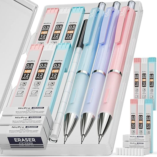Nicpro 3PCS Pastel Mechanical Pencil Set, 0.5 Mechanical Pencils with 6 Tube HB Lead 0.5mm, 3 Eraser and 9 Eraser Refill & Case, Aesthetic School Supplies for Drafting Sketching, Drawing & Writing