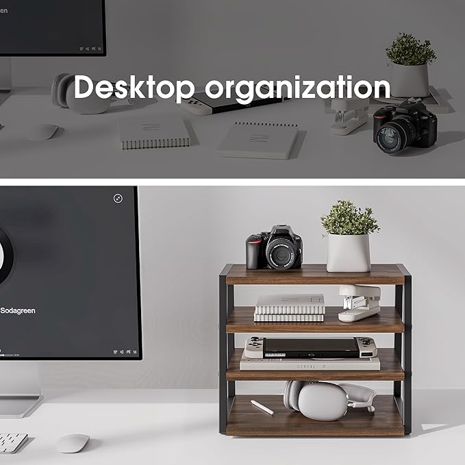 Fenge Desk Shelf Organizer, 4 Tier Desktop Shelf, Wood and Metal Office Shelves, Corner File Organizer for Office Supplies, Top of Desk Organizers and Accessories
