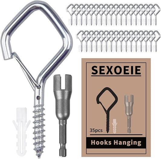 35PCS Eye Screw Hooks for Hanging Heavy Duty with Safety Buckle.Metal Ceiling Hooks for Hanging Plants,Cup,Wind Chime,Bird Feeders,String Lights at Indoor&Outdoor,2.36 Inches Silver