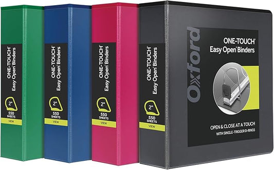 Oxford 3 Ring Binders, 2 Inch ONE-Touch Easy Open D Rings, 3-Sided View Binder Covers, Xtralife Hinge, Non-Stick, PVC-Free, Assorted Colors, 530-Sheet Capacity, 4 Pack (79912)