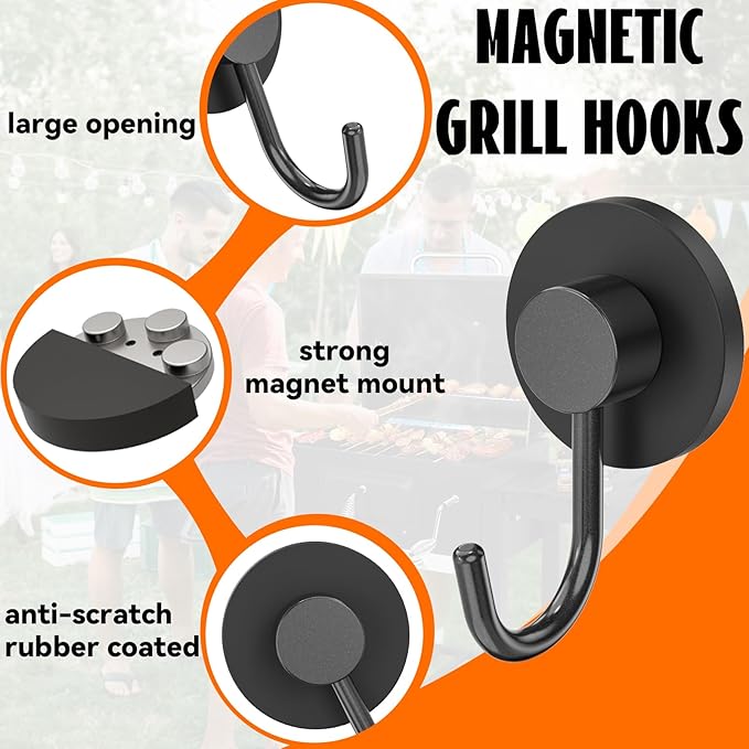 Magnetic Grill Hooks, Strong Magnetic Hook for Grill, Heavy Duty Magnet Hanger for Utensils, Powerful Magnet Hooks for BBQ Tools Refrigerator Toolbox Locker Kitchen Office, 4 Pack