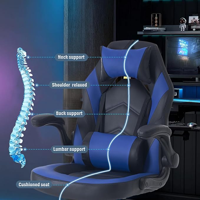 DUMOS Ergonomic Gaming Office Desk Chair with Flip-up Armrests for Adults, Height Adjustable PU Leather Video Game Computer Chair with 360° Rolling Wheels for Home and Office, Royal Blue