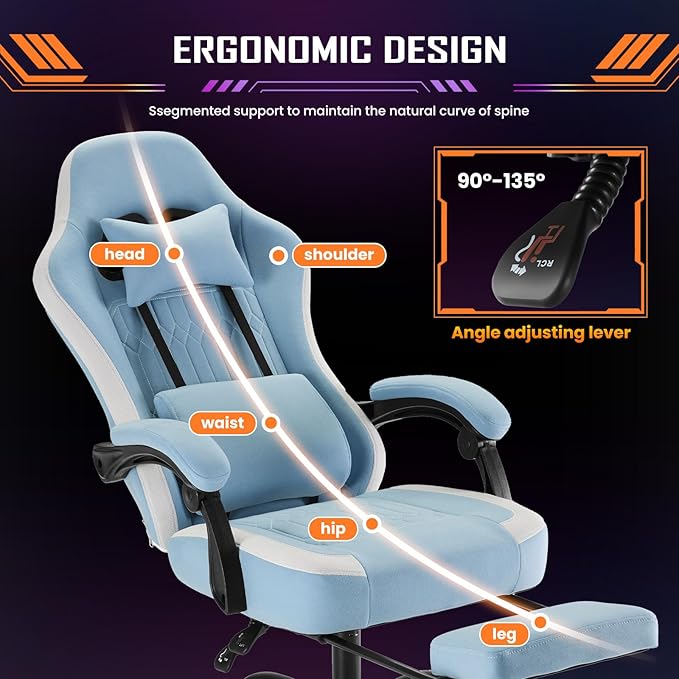 Sweetcrispy Computer Gaming Chair - High Back Ergonomic Desk Chair with Footrest and Lumbar Support, Height Adjustable Task Chair with Linkage Armrests and Headrest, 360° Swivel Wheels, Blue