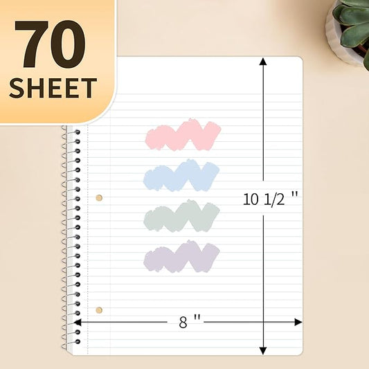 SUNEE Spiral Notebooks College Ruled, 1-Subject, 4 Pack, 8 x 10-1/2 in, 70 Sheets, 3-Hole Punched Paper, Pastel Pink, Purple, Blue, Green for School, Home & Office, Writing Journal
