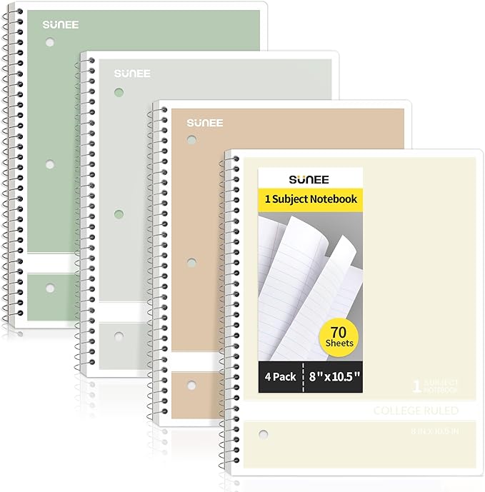 SUNEE Spiral Notebooks College Ruled, 1-Subject, 4 Pack, 8 x 10-1/2 inch, 70 Sheets, 3-Hole Punched Paper, Green, Grey, Beige, Red for Work, Home & School, Writing Journal