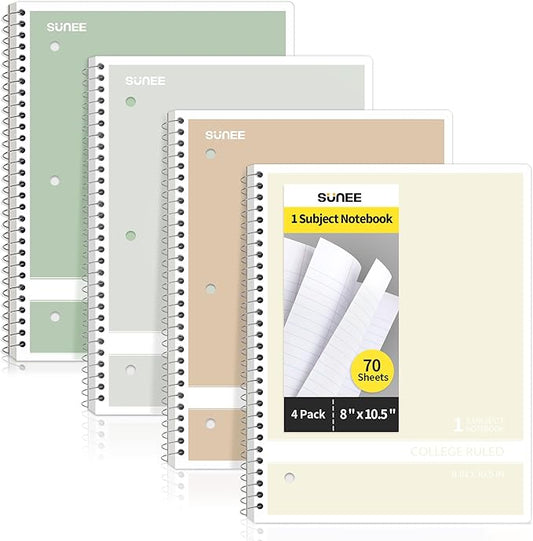 SUNEE Spiral Notebooks College Ruled, 1-Subject, 4 Pack, 8 x 10-1/2 inch, 70 Sheets, 3-Hole Punched Paper, Green, Grey, Beige, Red for Work, Home & School, Writing Journal