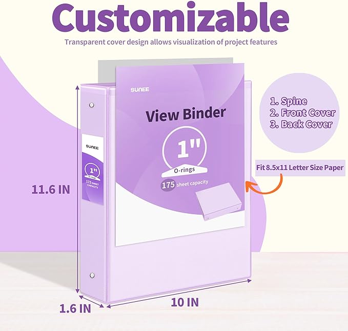SUNEE 3 Ring Binder 1 Inch 2 Pack, Clear View Binder Three Ring PVC-Free (Fit 8.5x11 Inches) for School or Office Supplies, Purple