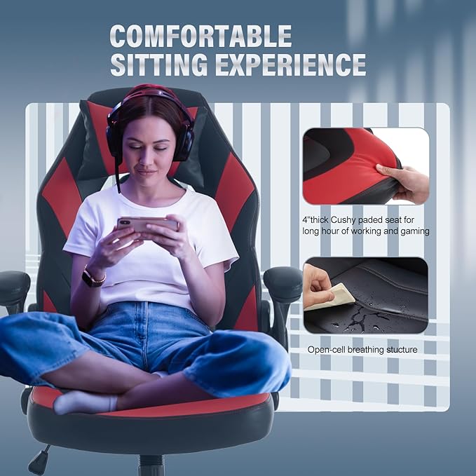 DUMOS Ergonomic Gaming Office Desk Chair with Flip-up Armrests for Adults, Height Adjustable PU Leather Video Game Computer Chair with 360° Rolling Wheels for Home and Office, Black Red