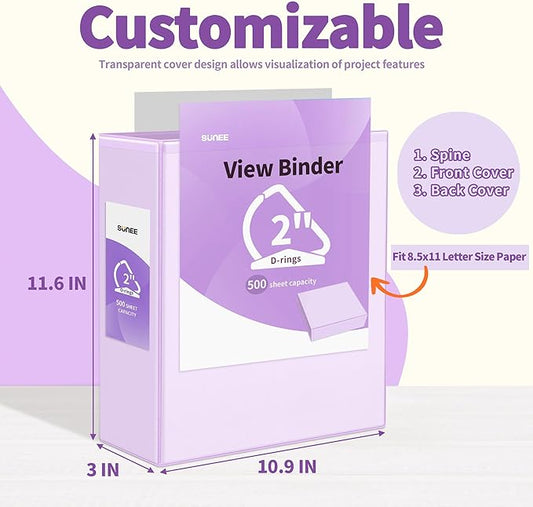 SUNEE 3 Ring Binder 2 Inch, Clear View Binder Three Ring PVC-Free (Fit 8.5x11 Inches) for School or Office Supplies, Purple, 2 Pack
