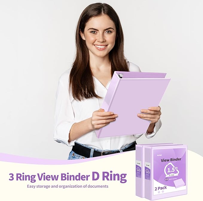 SUNEE 3 Ring Binder 1.5 Inch D Ring, Clear View Binder Three Ring PVC-Free (Fit 8.5x11 Inches) for School or Office Supplies, Purple, 2 Pack