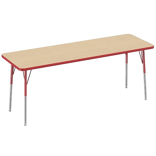 FDP Rectangle Activity School and Office Table (24 x 72 inch), Standard Legs with Swivel Glides, Adjustable Height 19-30 inches - Maple Top and Red Edge