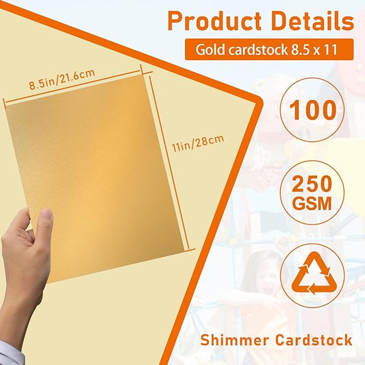 100 Sheets Shimmer Gold Cardstock 8.5 x 11 Scrapbooking Paper, 92lb Heavyweight Glossy Paper Card Stock for DIY Making Cards, Wedding, Crafting, Greeting Cards, Invitations, Menus