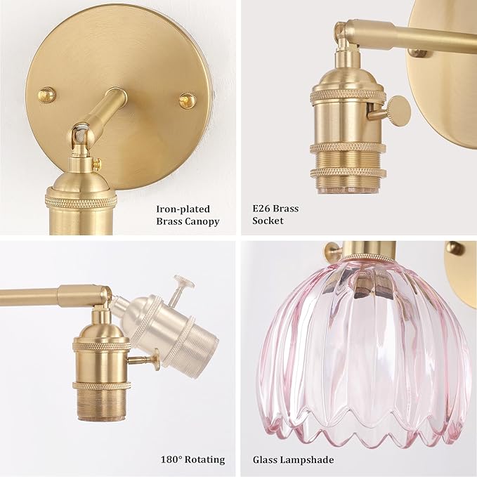 Vintage 5000 mAh Battery Operated Wall Sconce with Pink Clear Tulip Glass Lampshade Rechargeable Battery Powered Wall Light with Remote Control for Bedroom Doorway, Set of 2