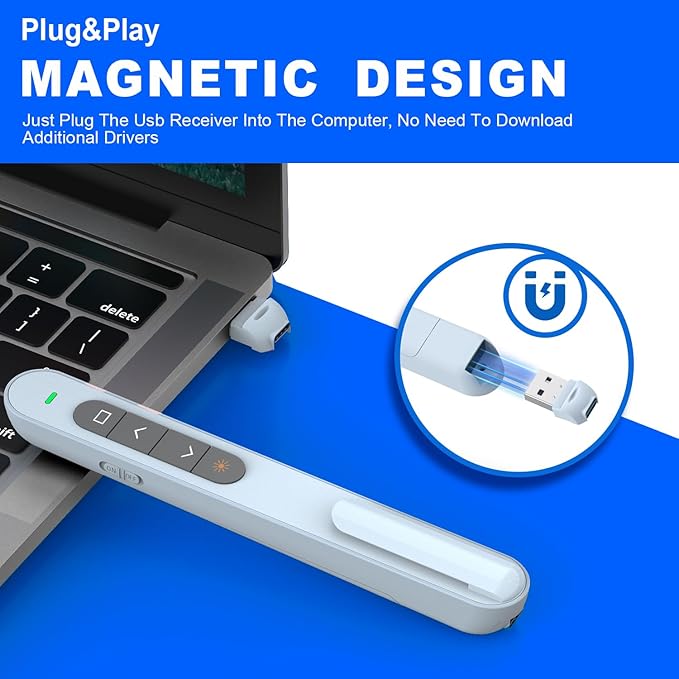 QUI Presentation Clicker for PowerPoint, RF 2.4GHz USB C Wireless Presenter Remote with Volume Control, PowerPoint Clicker Slide Advancer for Mac, Windows, Laptop, Keynote