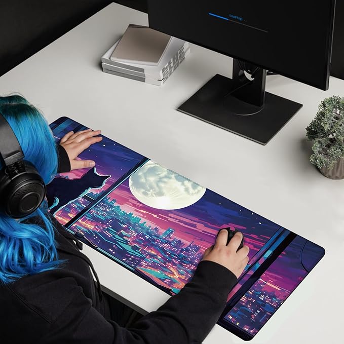 Cool Purple Moom Cat Mouse Pad, City Cats Busy Night Scene Mousead - Large Non-Slip Desk Mat for Office, PC, Laptop - 31.5"x11.8" x 3mm