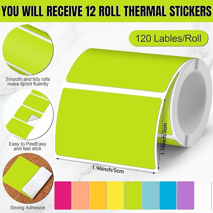 Ctosree 12 Rolls Printer Labels Adhesive Thermal Paper Waterproof Thermal Label Stickers Compatible with Phomemo M110 M221 M220 M120 M200 M110s Printer(Rainbow Colors,1.18 x 1.96 Inch)
