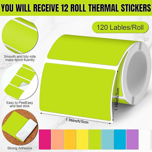 Ctosree 12 Rolls Printer Labels Adhesive Thermal Paper Waterproof Thermal Label Stickers Compatible with Phomemo M110 M221 M220 M120 M200 M110s Printer(Rainbow Colors,1.18 x 1.96 Inch)
