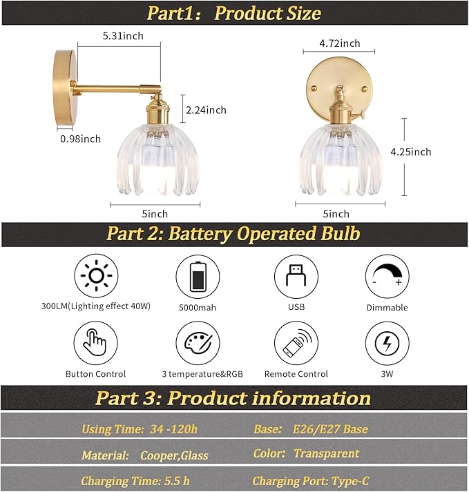 Vintage Battery Operated Wall Sconce with Clear Tulip Glass Lampshade 5000 mAh Rechargeable Battery Powered Wall Light with Remote Control for Bedside Bedroom Doorway, Set of 2