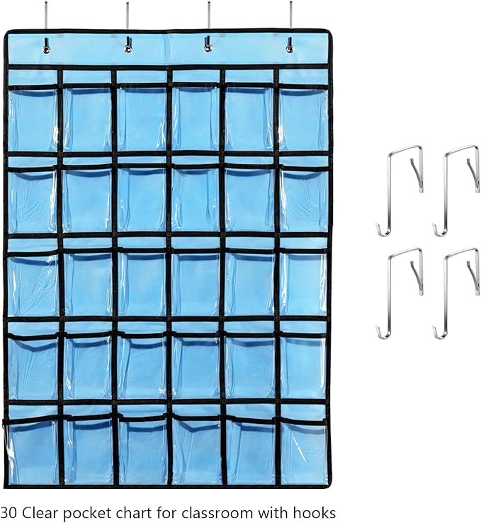 KEEPJOY Classroom Pocket Chart for Cellphone Calculator Holder, 30 Clear Pocket Charts for Classroom 33.5 x 24.5 inch Hanging cell phone Organizer Storage (Blue-30 pockets)